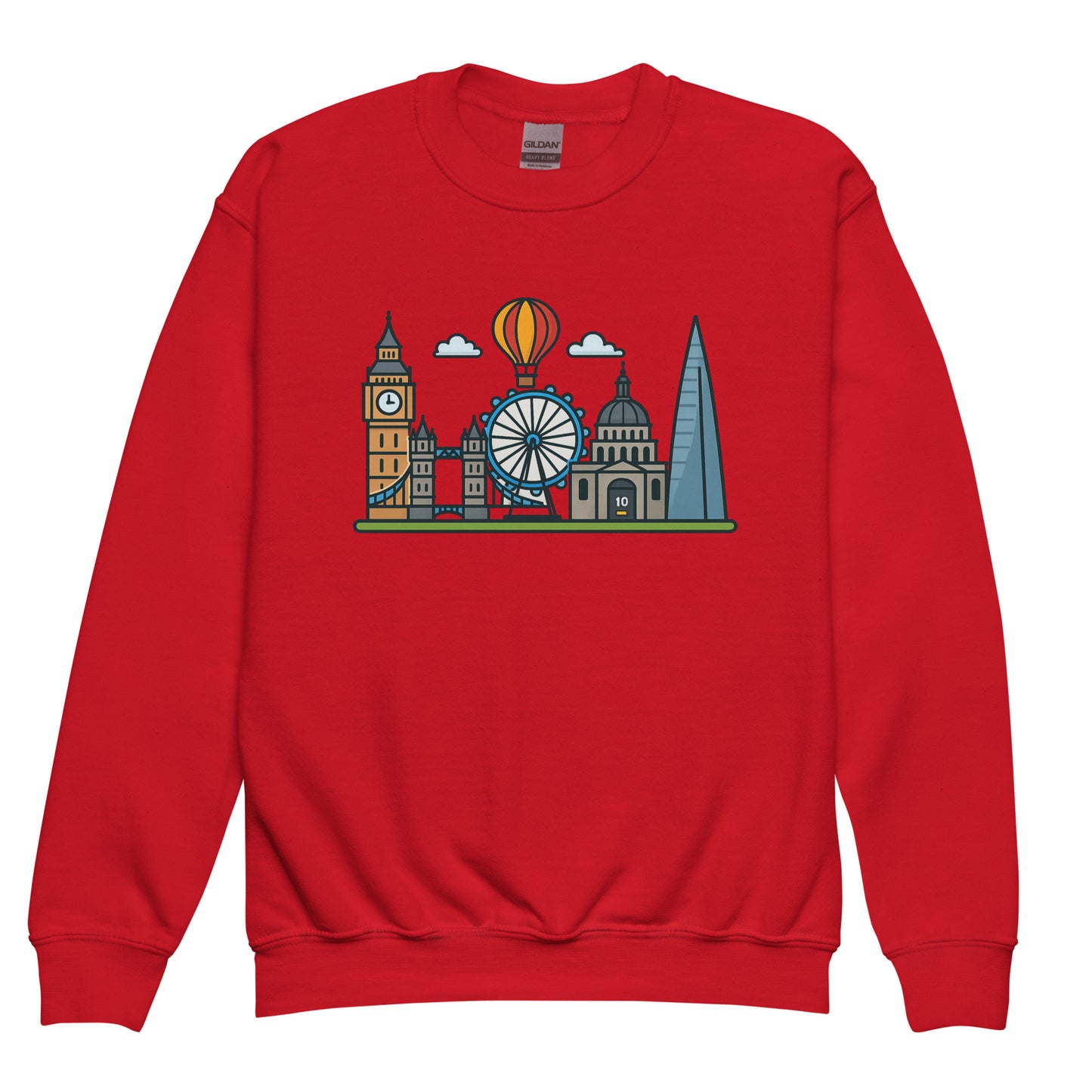 Red youth sweatshirt with vibrant London skyline cartoon featuring Big Ben, the London Eye and other iconic landmarks