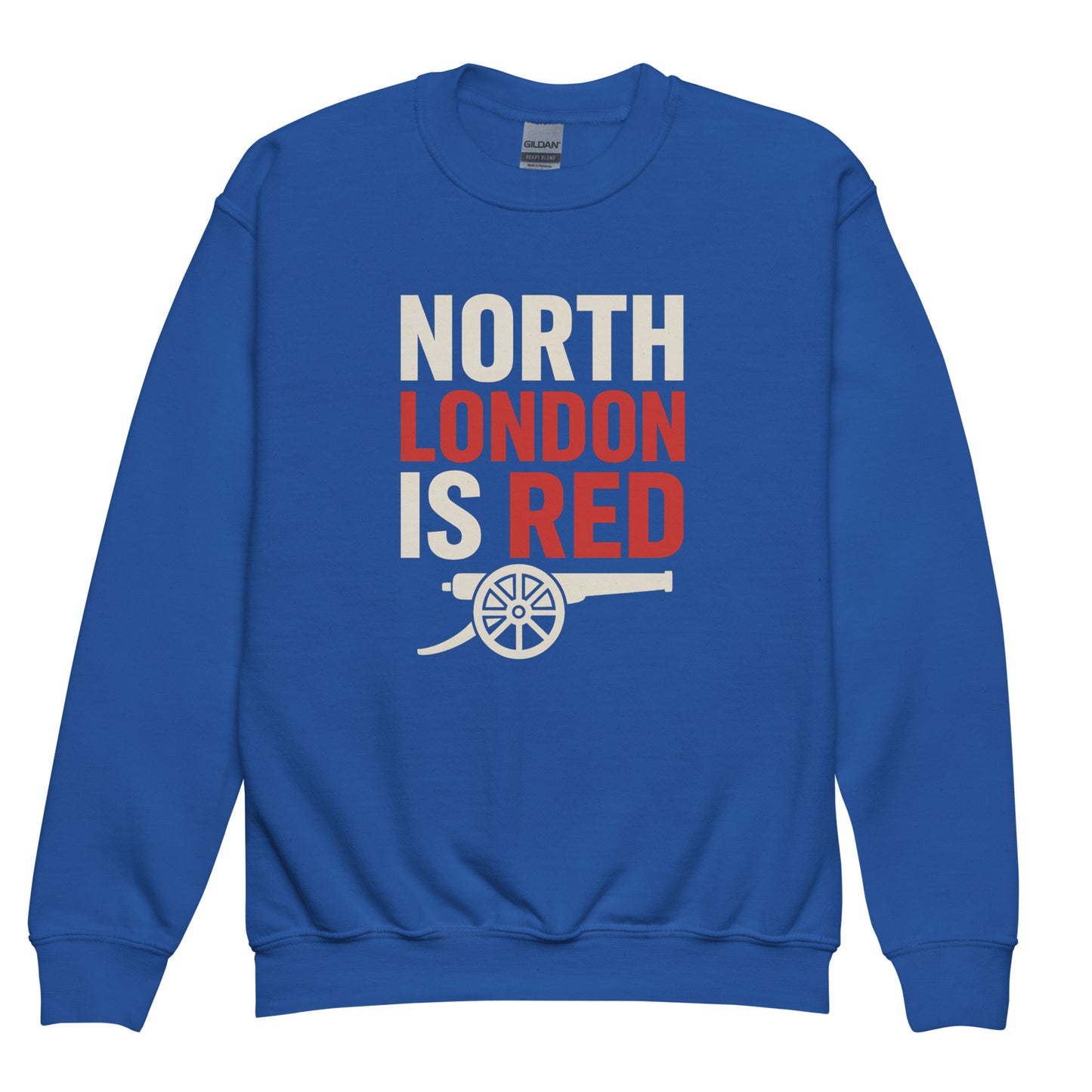 Royal blue youth sweatshirt with 'North London is Red' graphic and white cannon motif