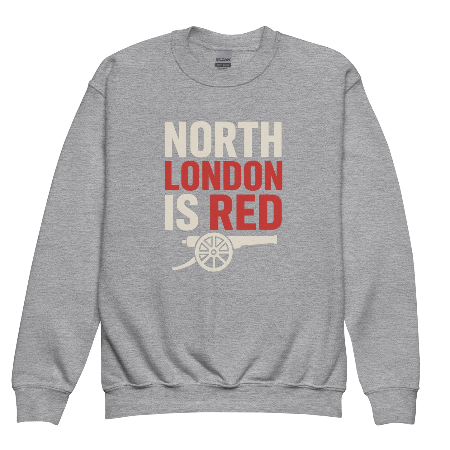 Sport grey youth sweatshirt with 'North London is Red' graphic and white cannon motif