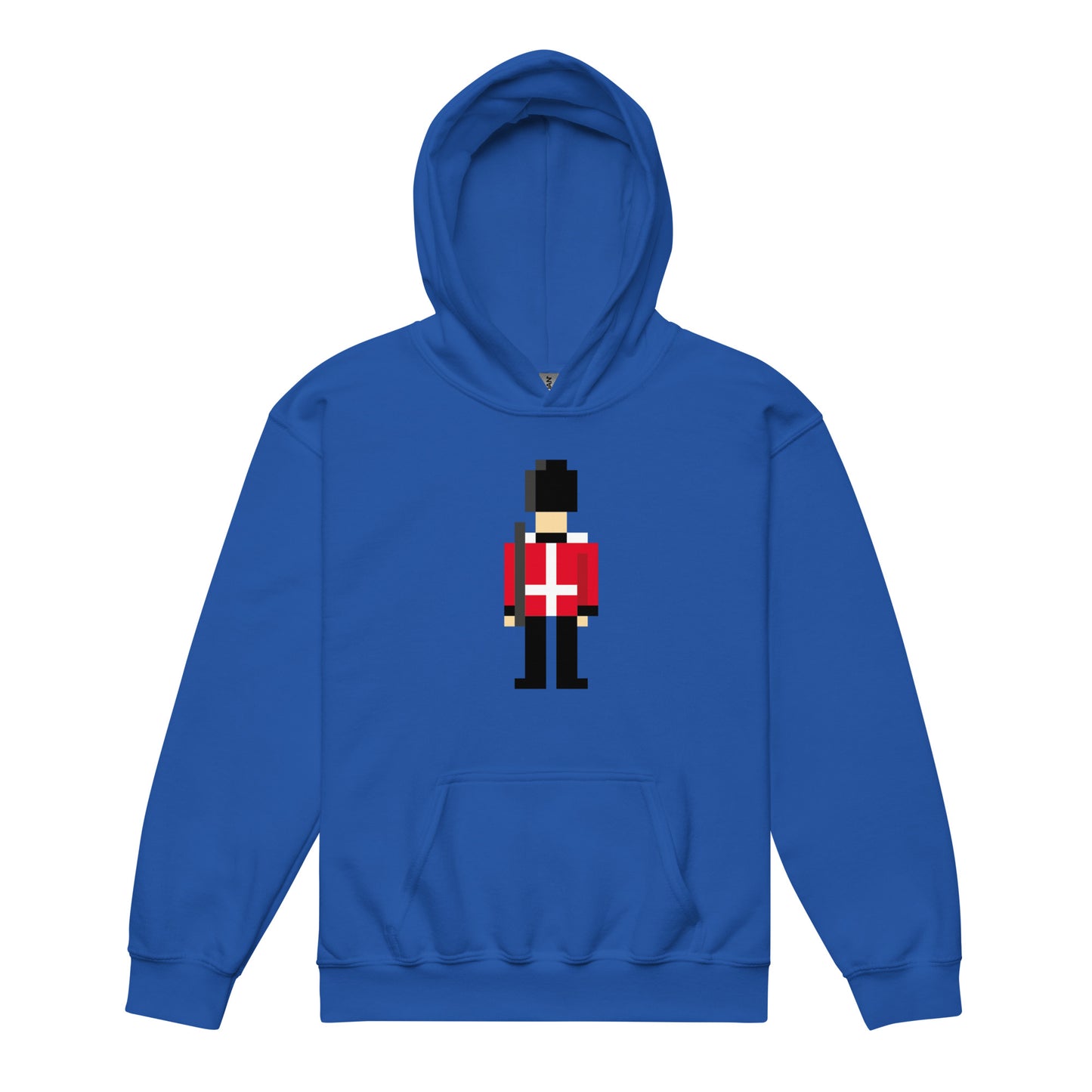 A cozy youth hoodie featuring a British Royal Guard (Beefeater) design, inspired by the iconic Tower of London soldiers. Perfect for kids who love British history, London souvenirs, and royal-themed apparel. This heavyweight hoodie is great for chilly days and UK travel gifts.