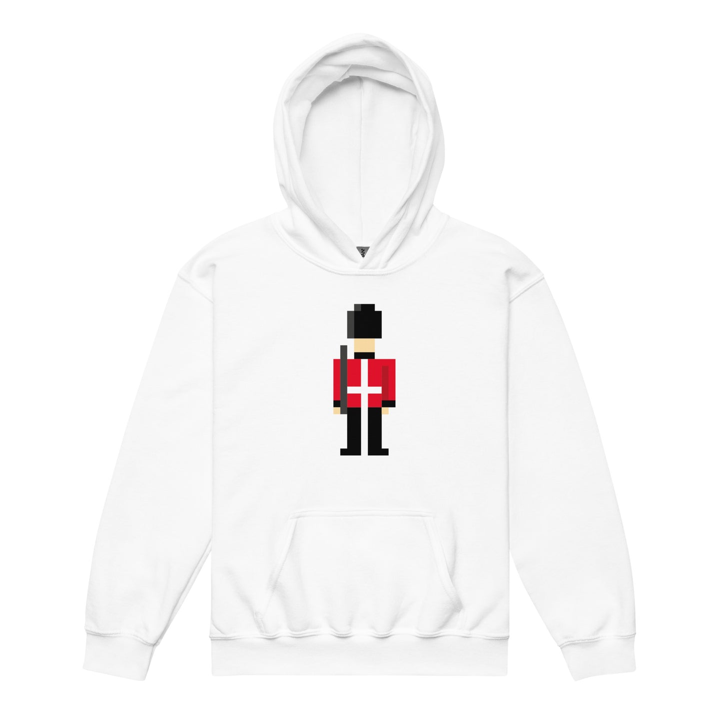 A cozy youth hoodie featuring a British Royal Guard (Beefeater) design, inspired by the iconic Tower of London soldiers. Perfect for kids who love British history, London souvenirs, and royal-themed apparel. This heavyweight hoodie is great for chilly days and UK travel gifts.