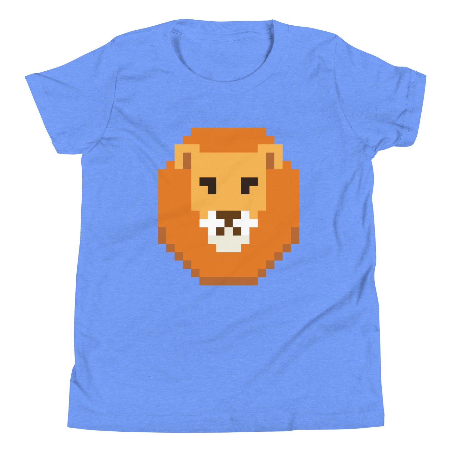 Pixelated Lion Head T-Shirt – Retro Video Game Style Youth Short Sleeve Tee - British/USA Gift Heather Columbia Blue t-shirt