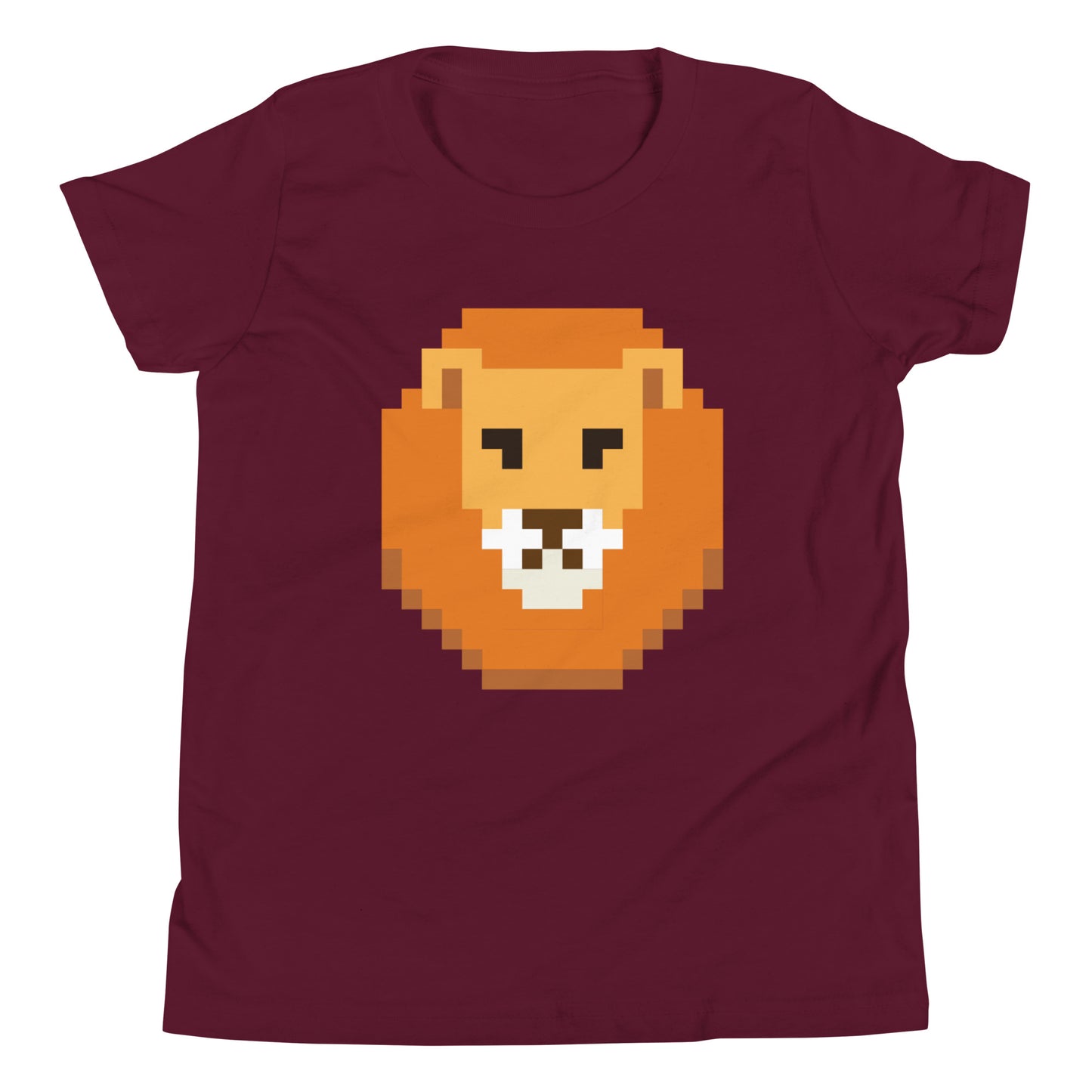 Pixelated Lion Head T-Shirt – Retro Video Game Style Youth Short Sleeve Tee - British/USA Gift Maroon t-shirt