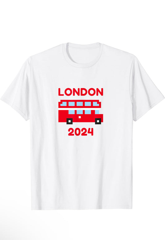 White t-shirt with Red London double decker bus and the words London and 2024