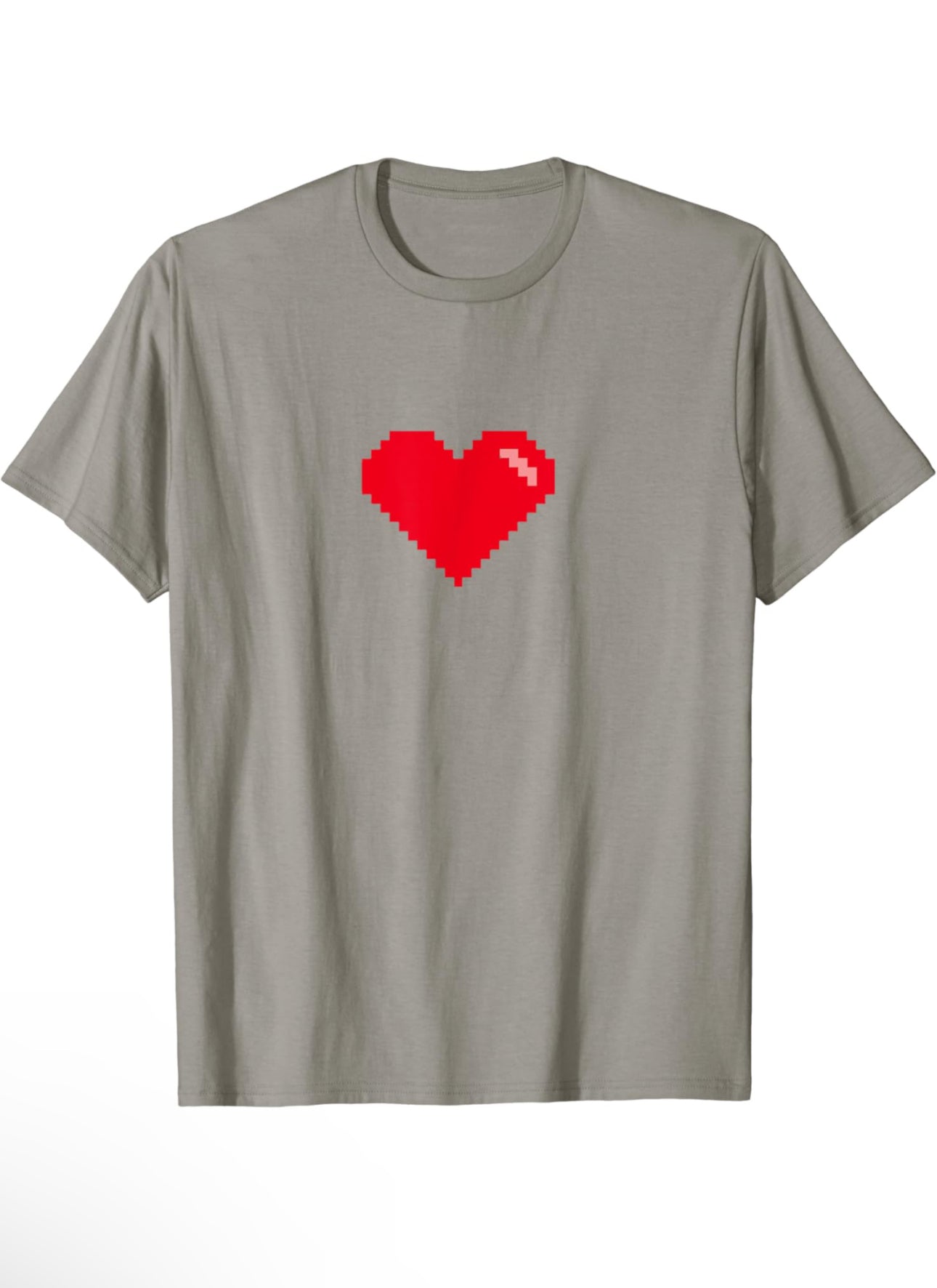 Silver t-shirt with pixelated Red heart in the middle of the t-shirt