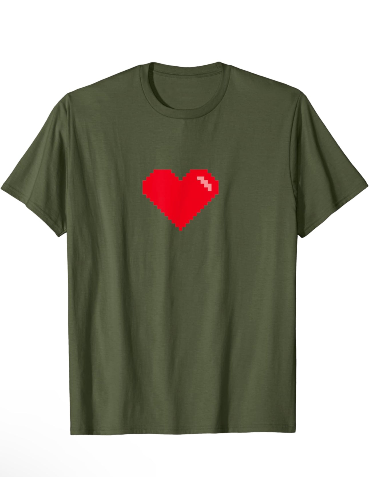 Green t-shirt with pixelated Red heart in the middle of the t-shirt