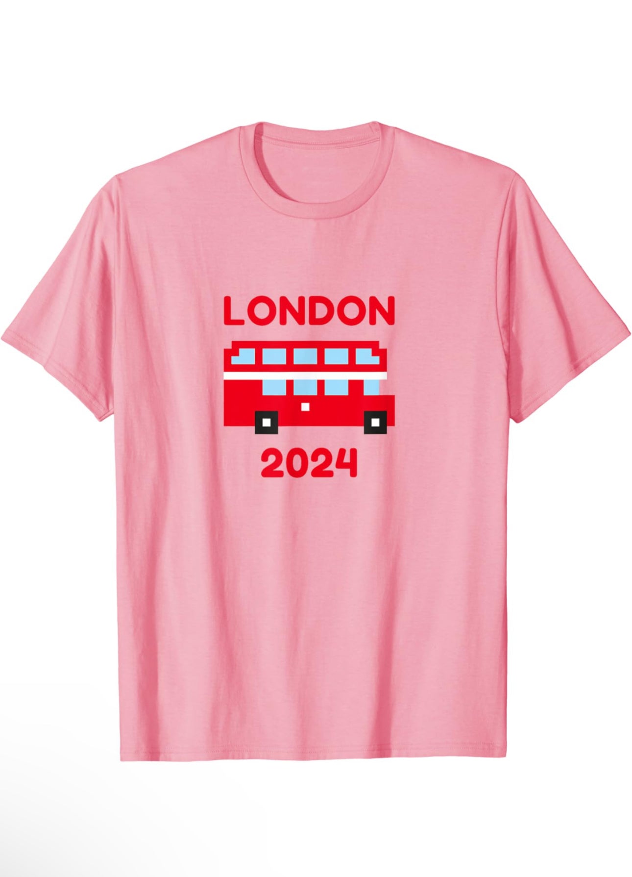 Pink t-shirt with Red London double decker bus and the words London and 2024