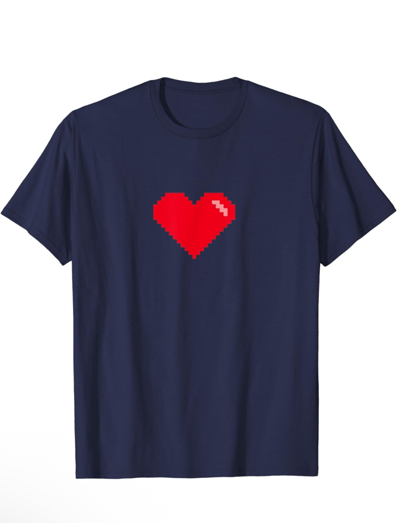 Dark blue t-shirt with pixelated Red heart in the middle of the t-shirt