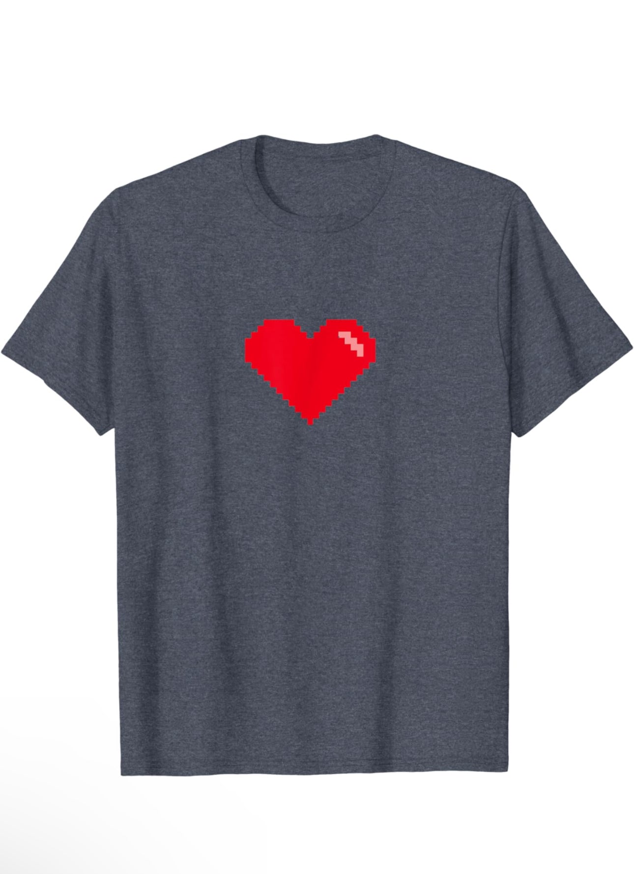 Dark blue/grey t-shirt with pixelated Red heart in the middle of the t-shirt