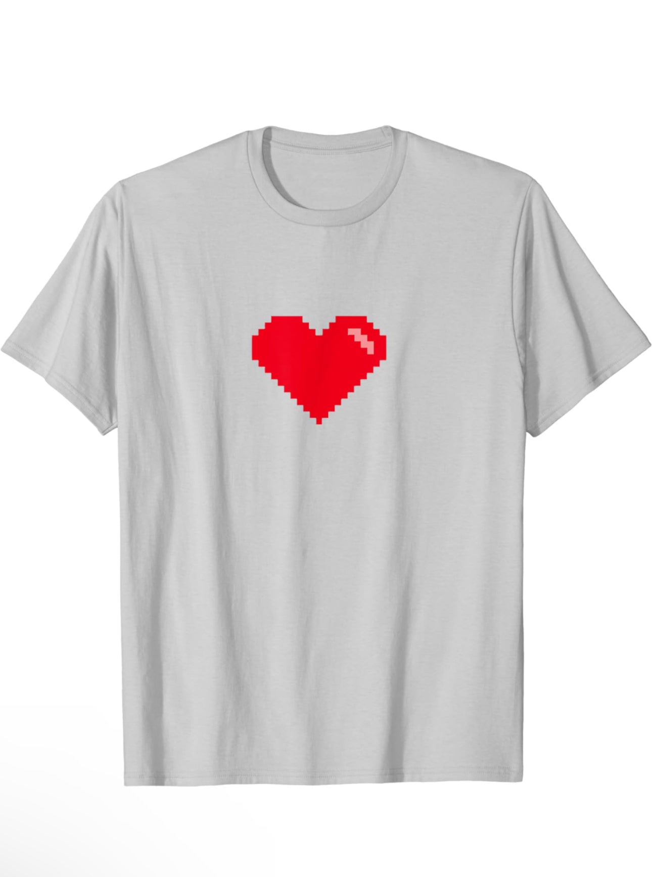 Light Silver t-shirt with pixelated Red heart in the middle of the t-shirt