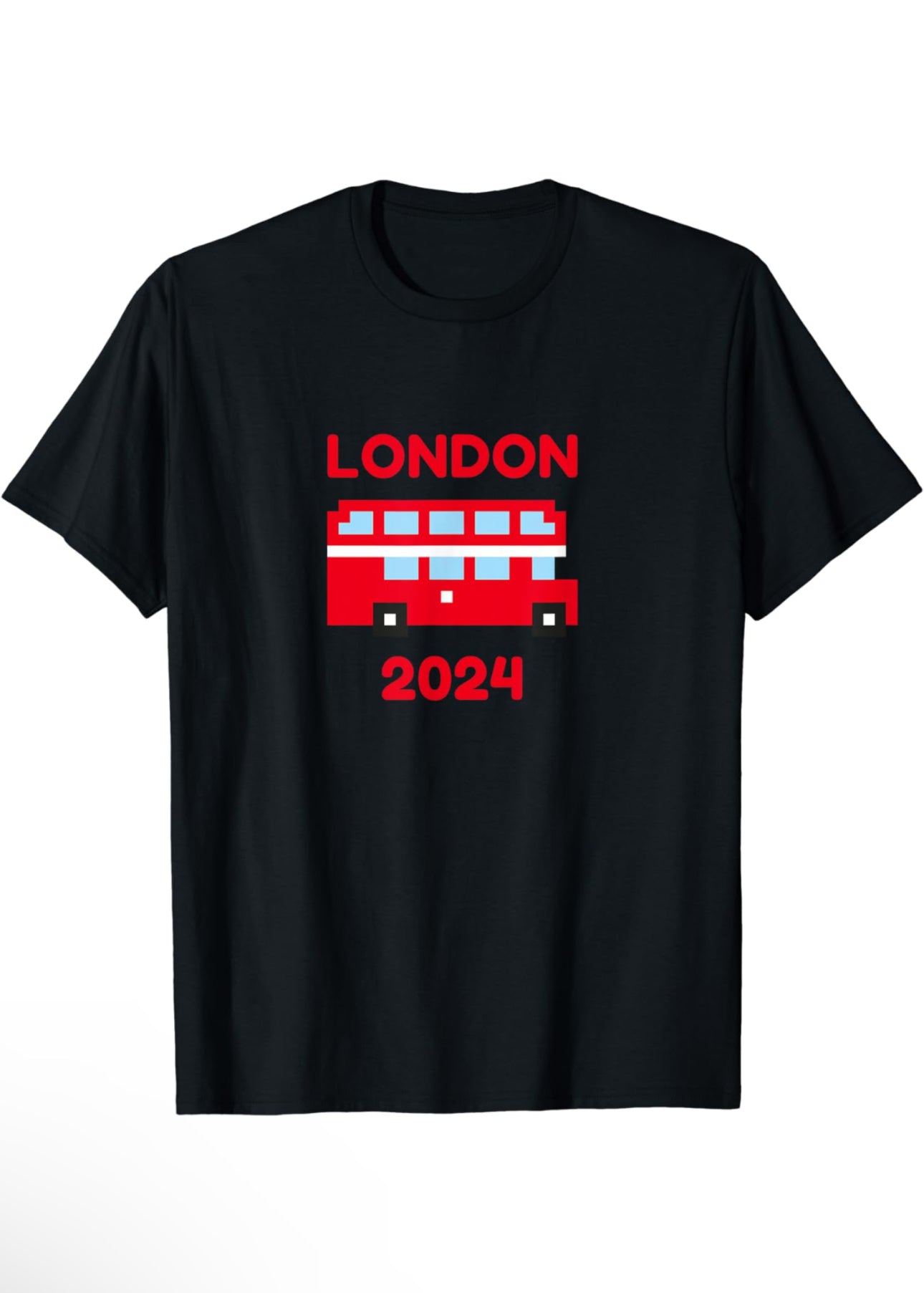 Black t-shirt with Red London double decker bus and the words London and 2024