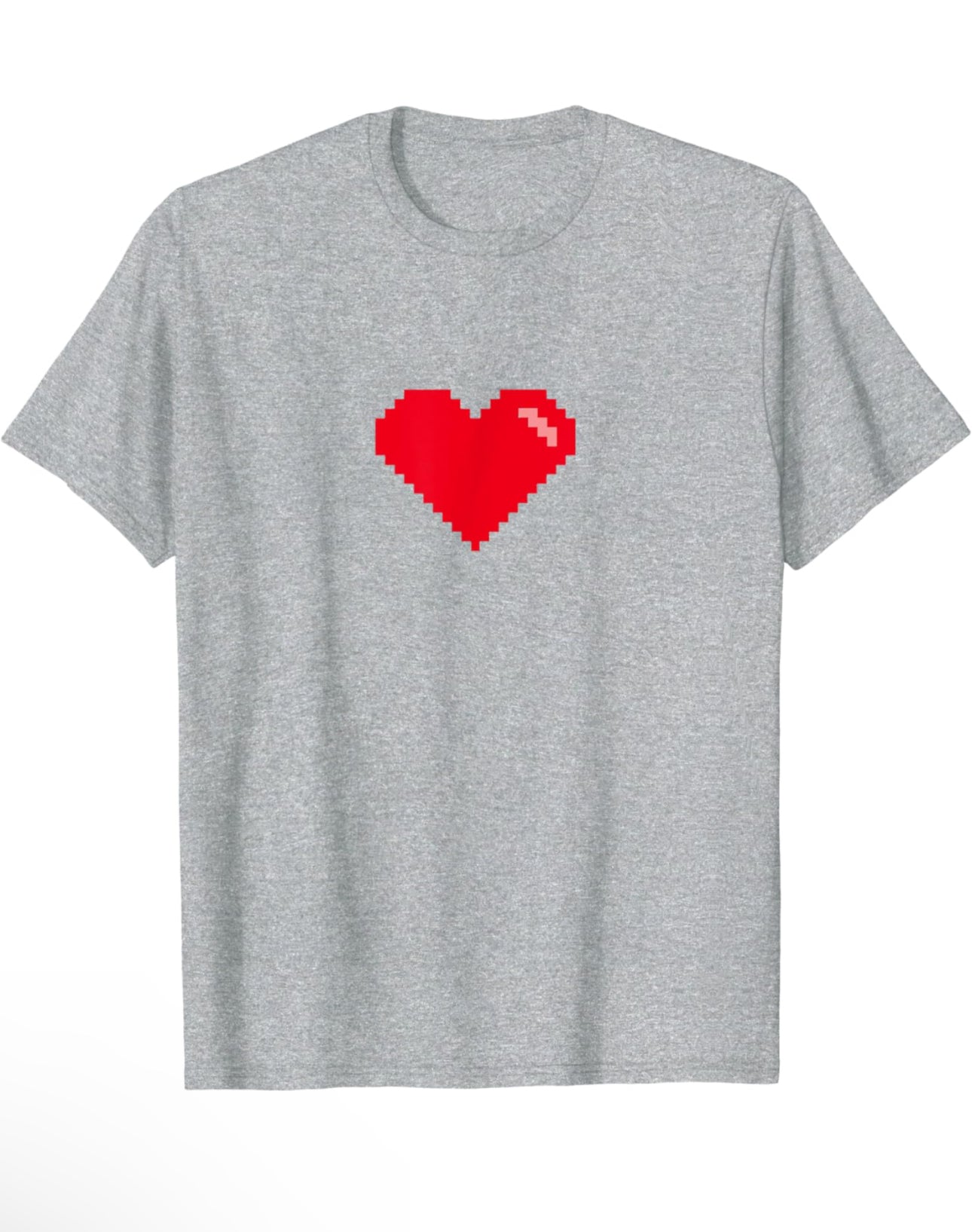 Grey t-shirt with pixelated Red heart in the middle of the t-shirt