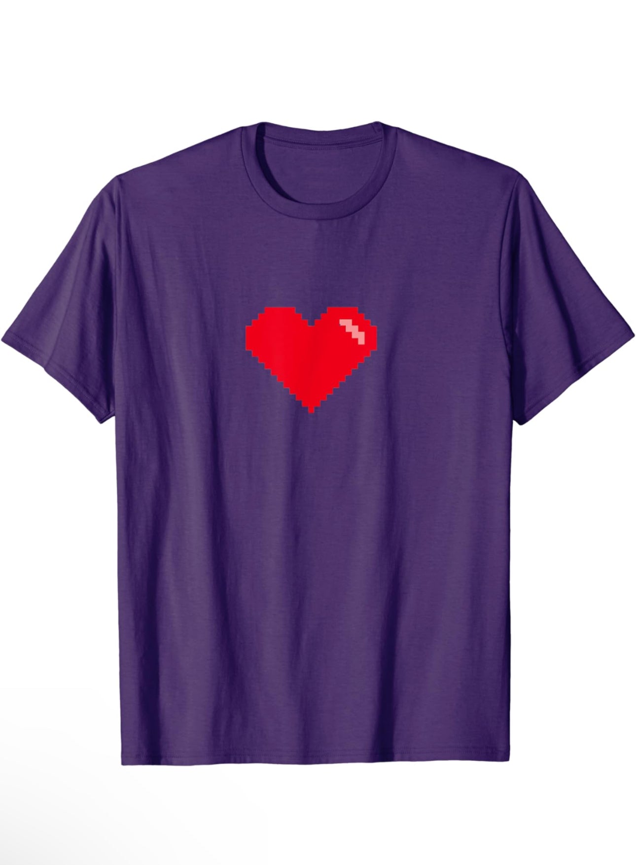 Purple t-shirt with pixelated Red heart in the middle of the t-shirt