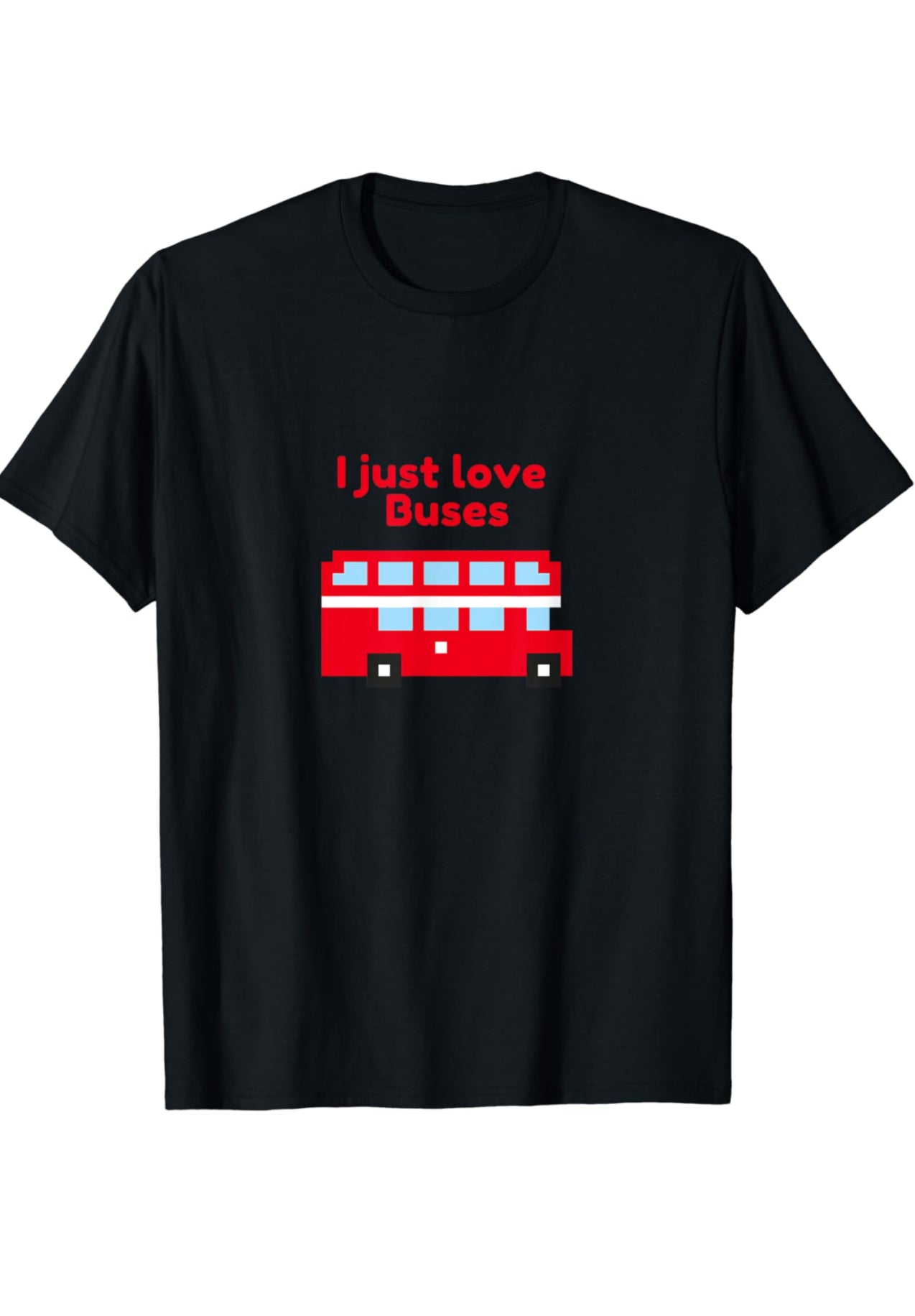 Pixelated London Double Decker Route Master Bus with the red text ‘I just love buses’ in red text