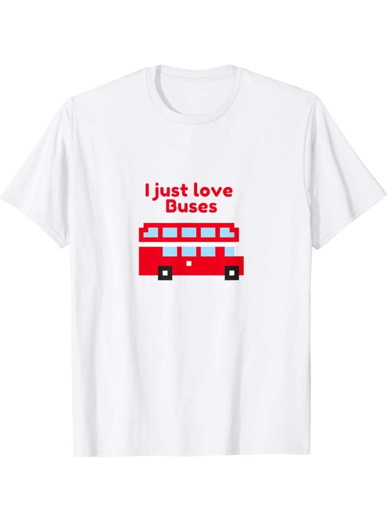 Pixelated London Double Decker Route Master Bus with the red text ‘I just love buses’ in red text