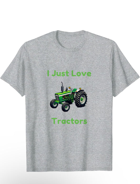 Vintage tractor in lack and green with green text saying I Just Love Tractors