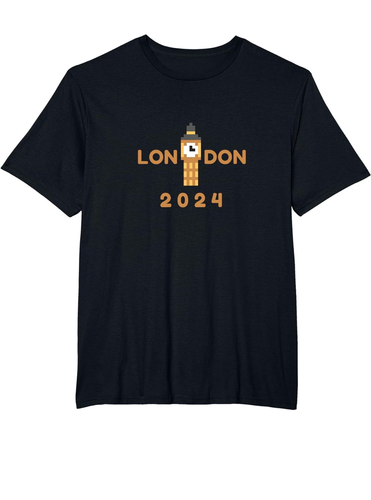 Gold Pixelated Big Ben in between the word London and the date 2024 is underneath the design