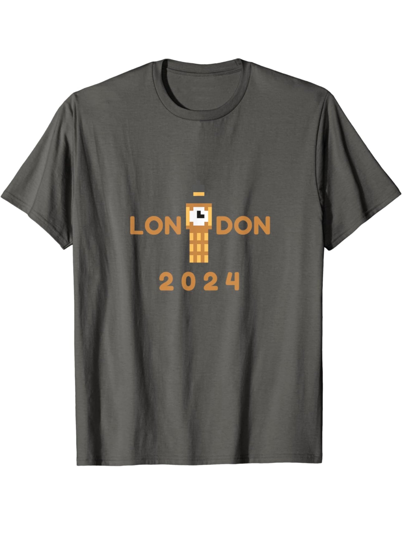 Gold Pixelated Big Ben in between the word London and the date 2024 is underneath the design