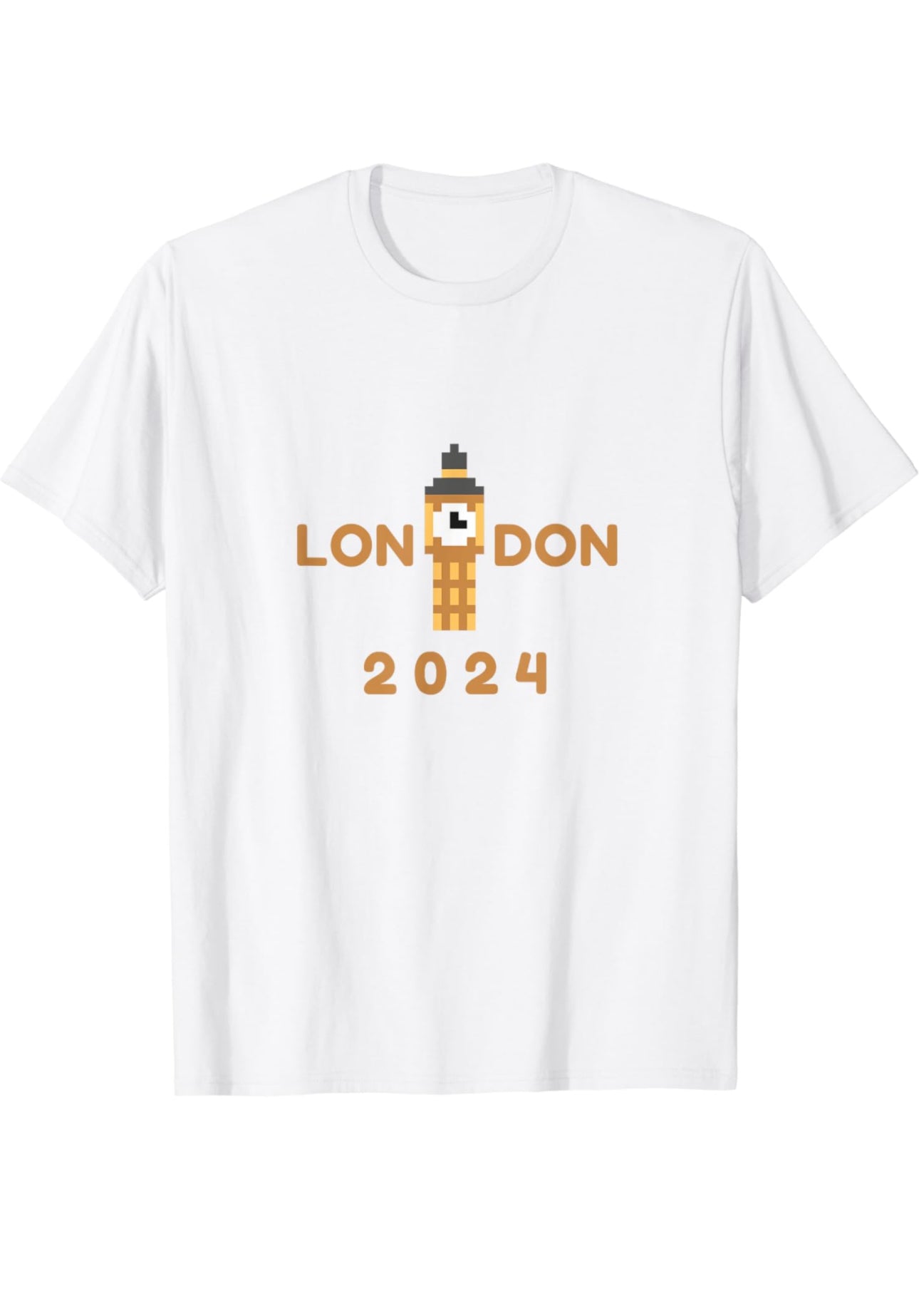 Gold Pixelated Big Ben in between the word London and the date 2024 is underneath the design