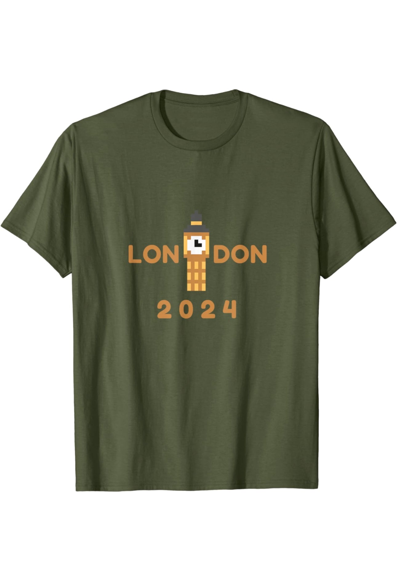 Gold Pixelated Big Ben in between the word London and the date 2024 is underneath the design