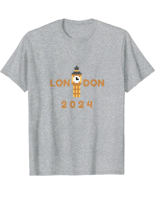 Gold Pixelated Big Ben in between the word London and the date 2024 is underneath the design