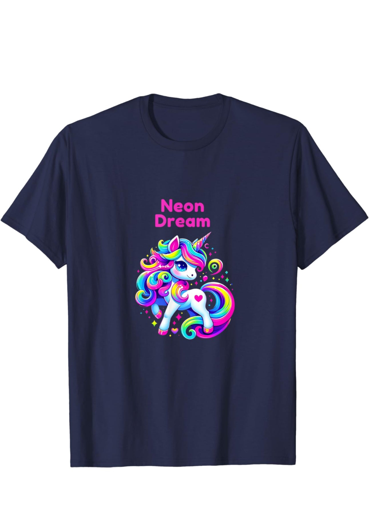 Multi coloured Unicorn with pink text saying Neon Dream