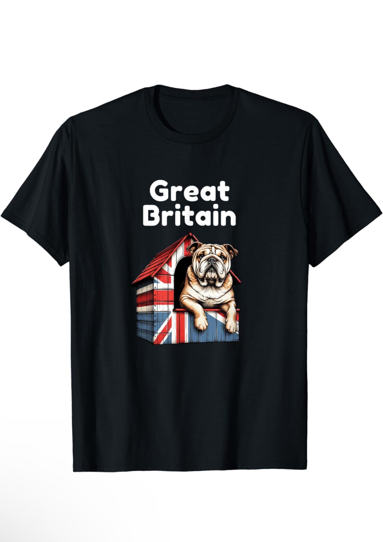 A British Bulldog sitting proudly on top of a dog house covered with a Union Jack pattern. The bulldog appears content and alert, exemplifying a strong, stocky build typical of the breed. The vivid red, white, and blue of the Union Jack adds a patriotic touch to the scene.