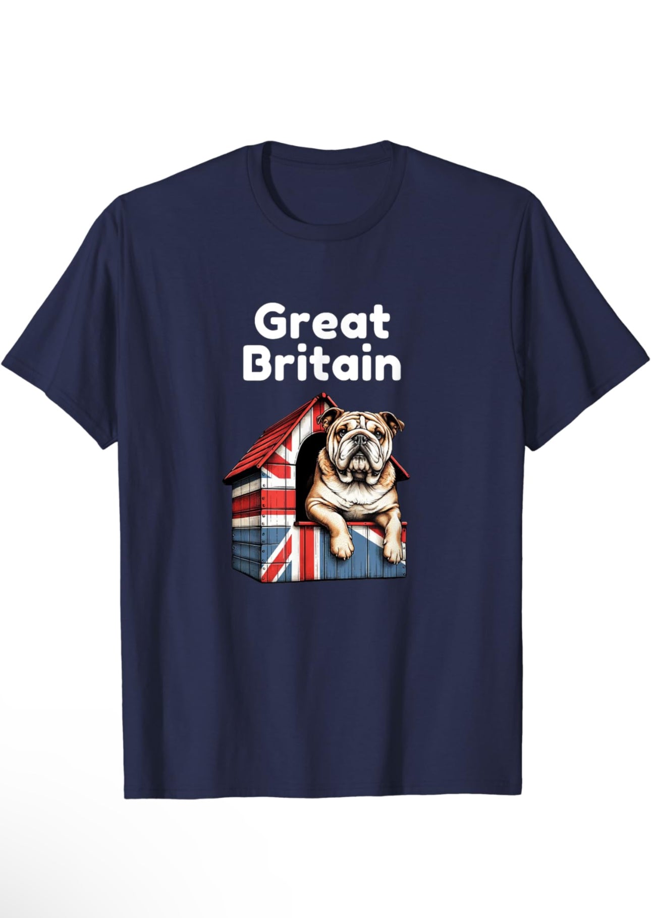 A British Bulldog sitting proudly on top of a dog house covered with a Union Jack pattern. The bulldog appears content and alert, exemplifying a strong, stocky build typical of the breed. The vivid red, white, and blue of the Union Jack adds a patriotic touch to the scene. T-shirt is Dark blue with white text