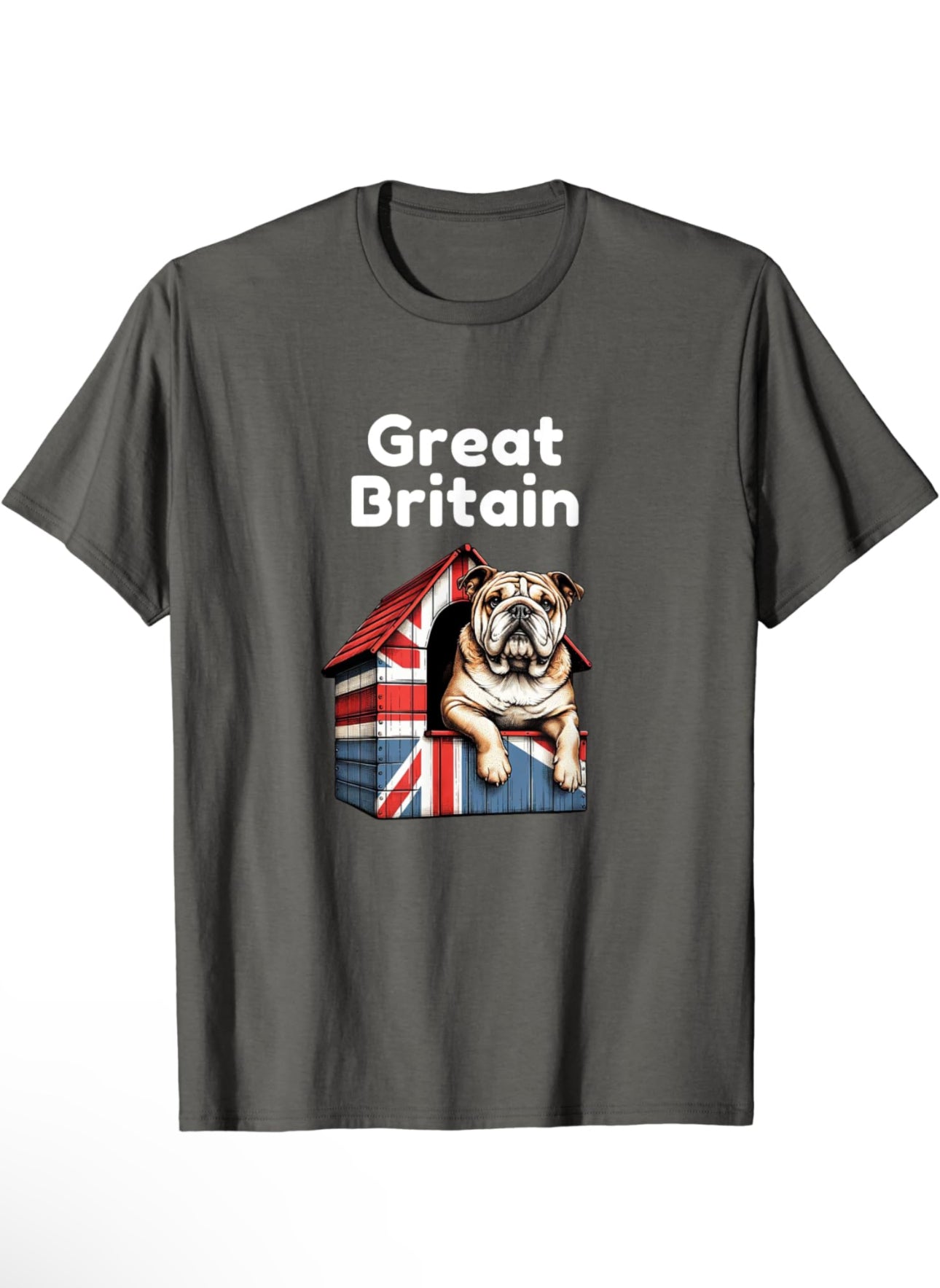 A British Bulldog sitting proudly on top of a dog house covered with a Union Jack pattern. The bulldog appears content and alert, exemplifying a strong, stocky build typical of the breed. The vivid red, white, and blue of the Union Jack adds a patriotic touch to the scene. Design on a dark grey t-shirt with white text.