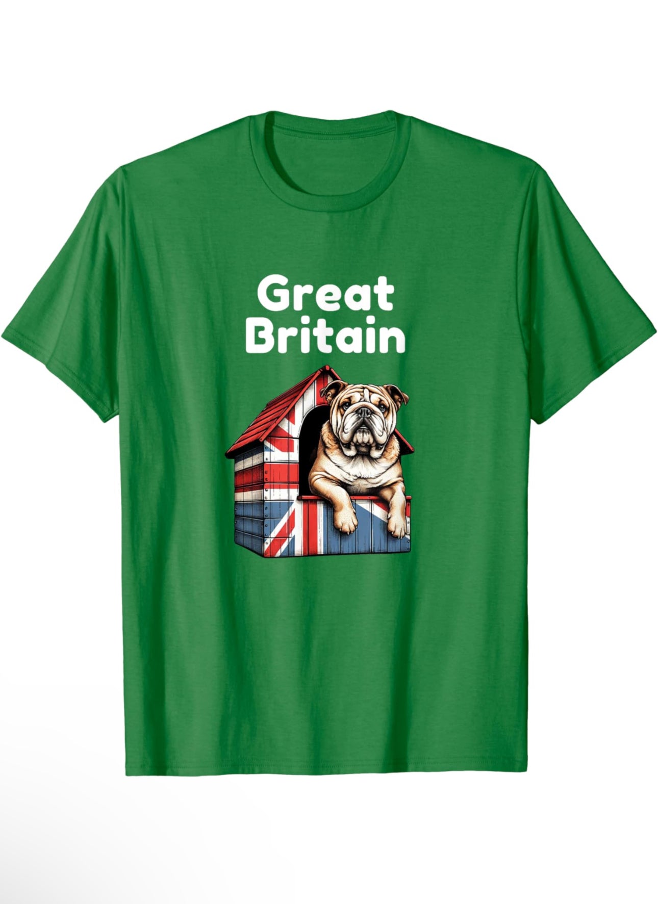 A British Bulldog sitting proudly on top of a dog house covered with a Union Jack pattern. The bulldog appears content and alert, exemplifying a strong, stocky build typical of the breed. The vivid red, white, and blue of the Union Jack adds a patriotic touch to the scene. T-shirt is Dark blue with white text