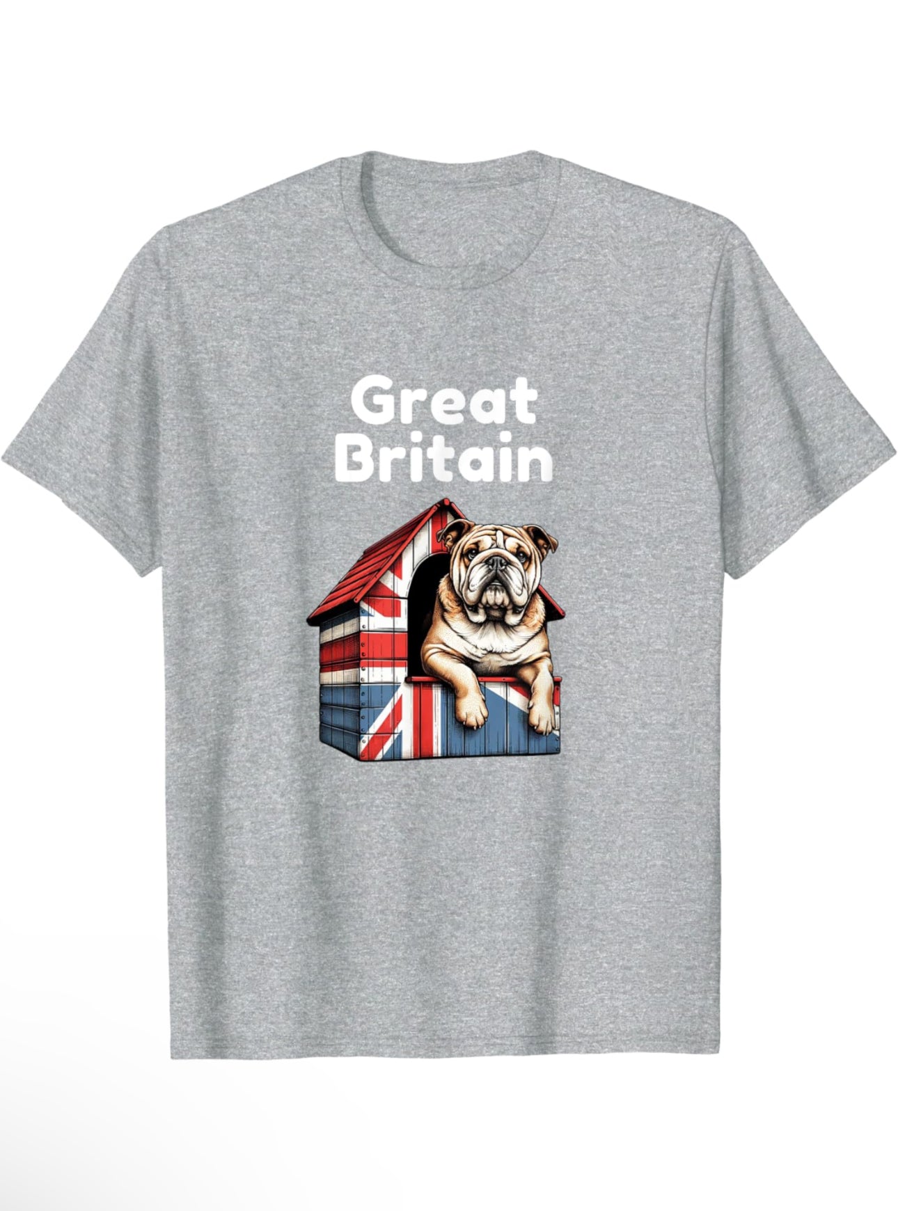 A British Bulldog sitting proudly on top of a dog house covered with a Union Jack pattern. The bulldog appears content and alert, exemplifying a strong, stocky build typical of the breed. The vivid red, white, and blue of the Union Jack adds a patriotic touch to the scene.n Design on a grey t-shirt with white text