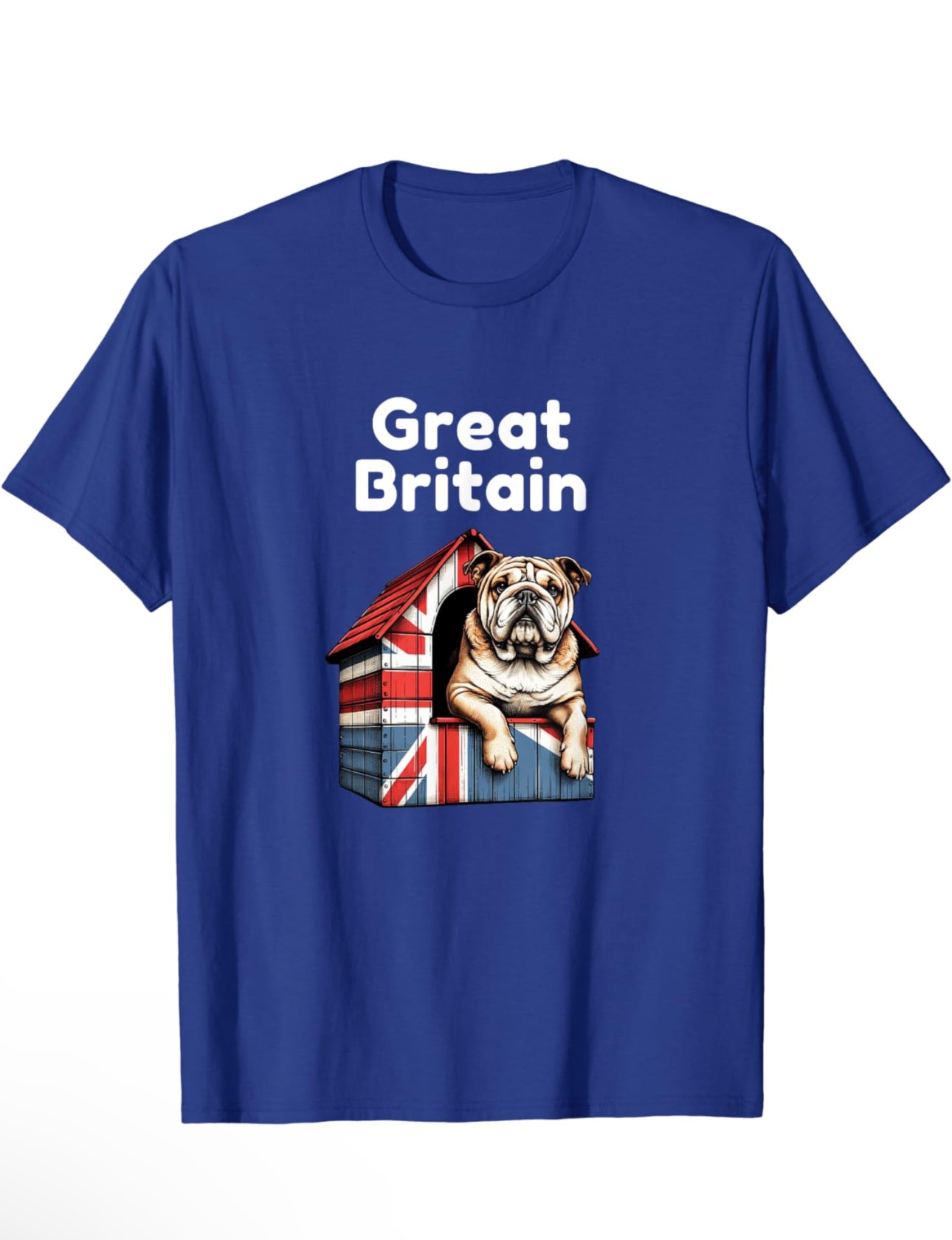 A British Bulldog sitting proudly on top of a dog house covered with a Union Jack pattern. The bulldog appears content and alert, exemplifying a strong, stocky build typical of the breed. The vivid red, white, and blue of the Union Jack adds a patriotic touch to the scene. Design on a Royal Blue t-shirt with white text.