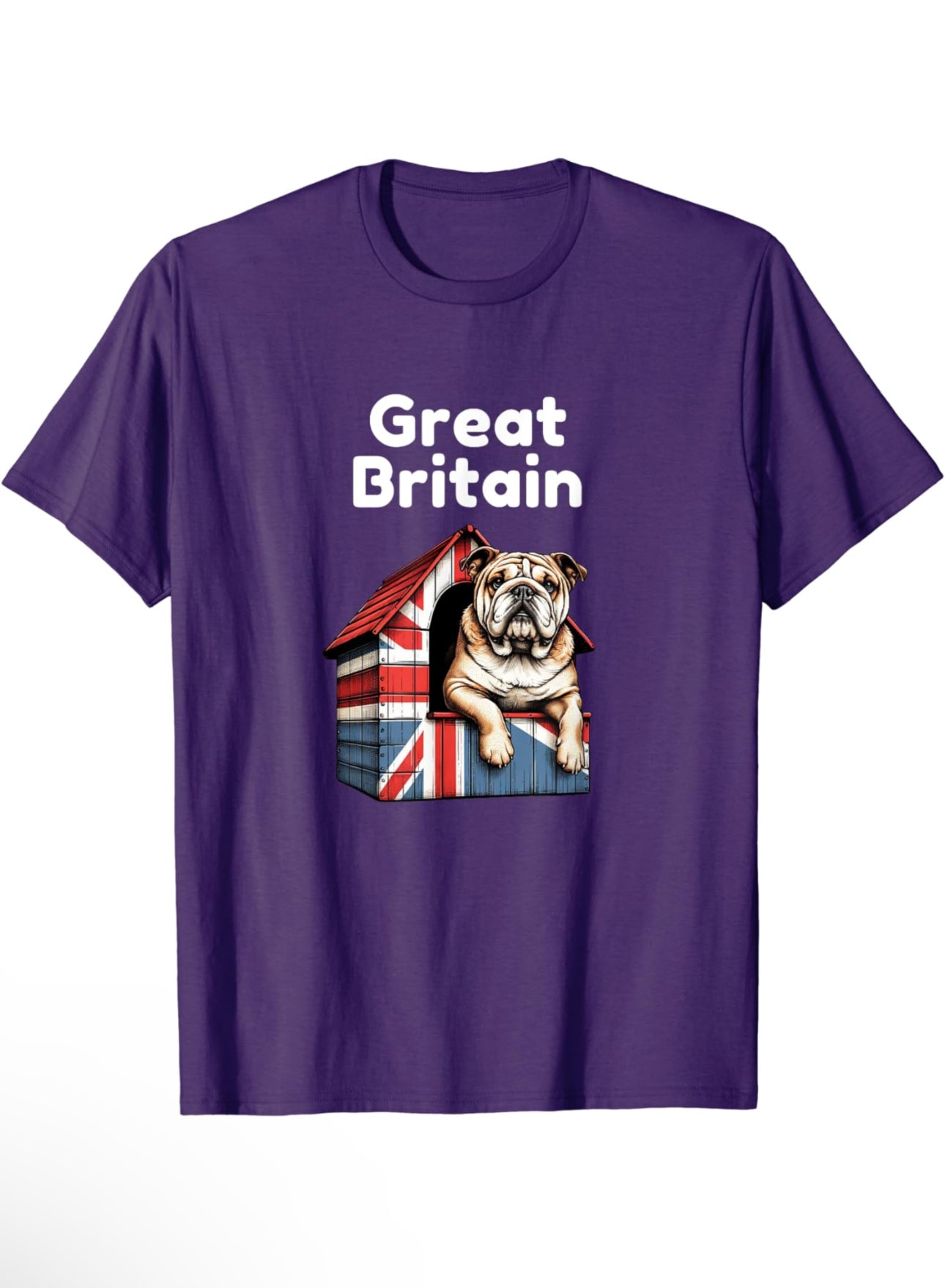 A British Bulldog sitting proudly on top of a dog house covered with a Union Jack pattern. The bulldog appears content and alert, exemplifying a strong, stocky build typical of the breed. The vivid red, white, and blue of the Union Jack adds a patriotic touch to the scene. Design on a purple t-shirt with white text.