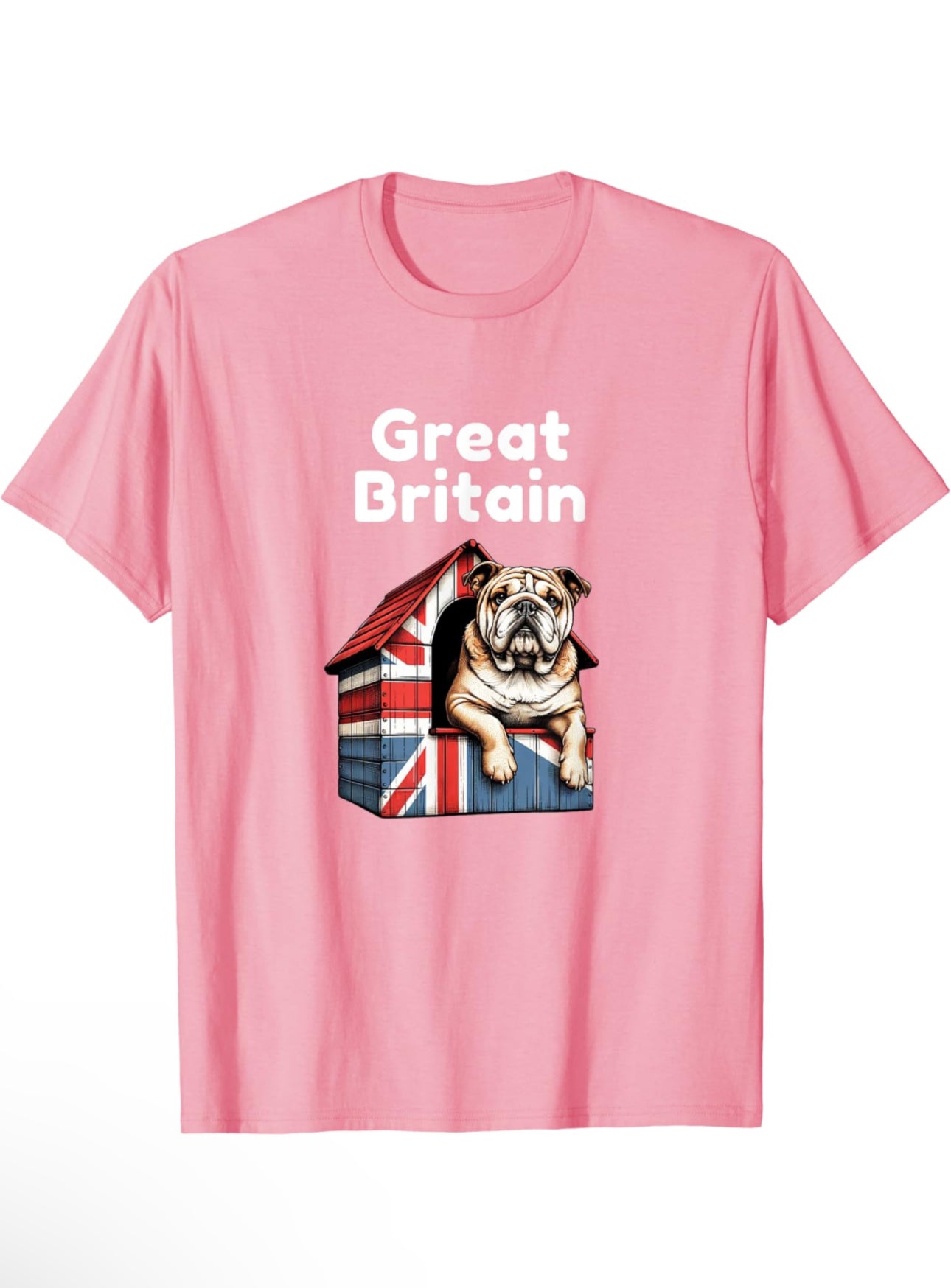 A British Bulldog sitting proudly on top of a dog house covered with a Union Jack pattern. The bulldog appears content and alert, exemplifying a strong, stocky build typical of the breed. The vivid red, white, and blue of the Union Jack adds a patriotic touch to the scene. Design on a pink t-shirt with white text.