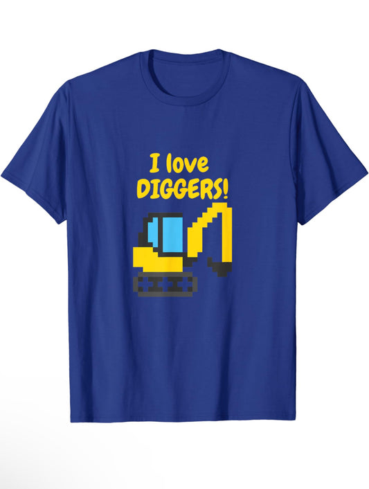 Short sleeve t-shirt featuring a pixelated design of a yellow digger with the text 'I Love Diggers' above it, celebrating construction vehicles in a playful, graphic style.