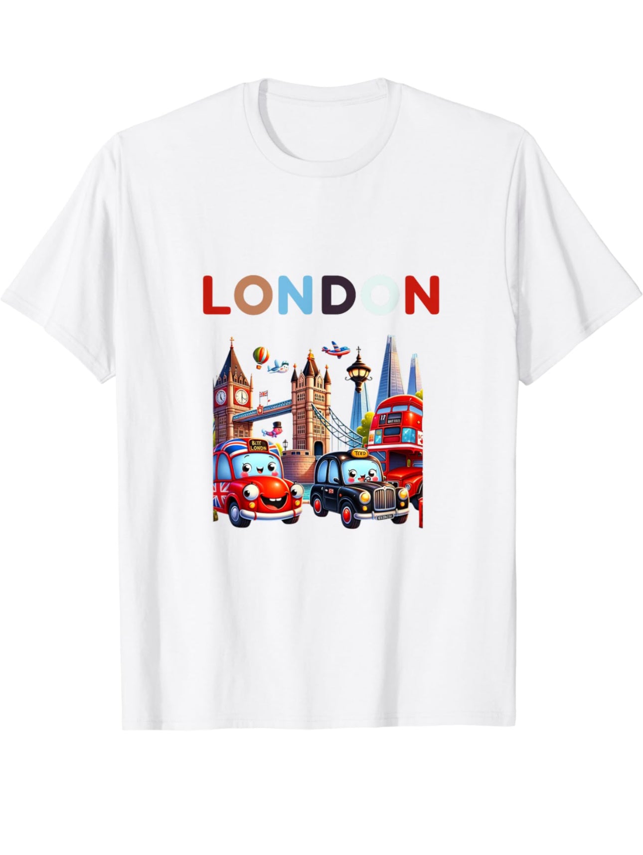 Cartoon-style t-shirt design featuring iconic London landmarks including Tower Bridge, the Shard Hotel, and a classic black taxi, capturing the whimsical charm of the city.