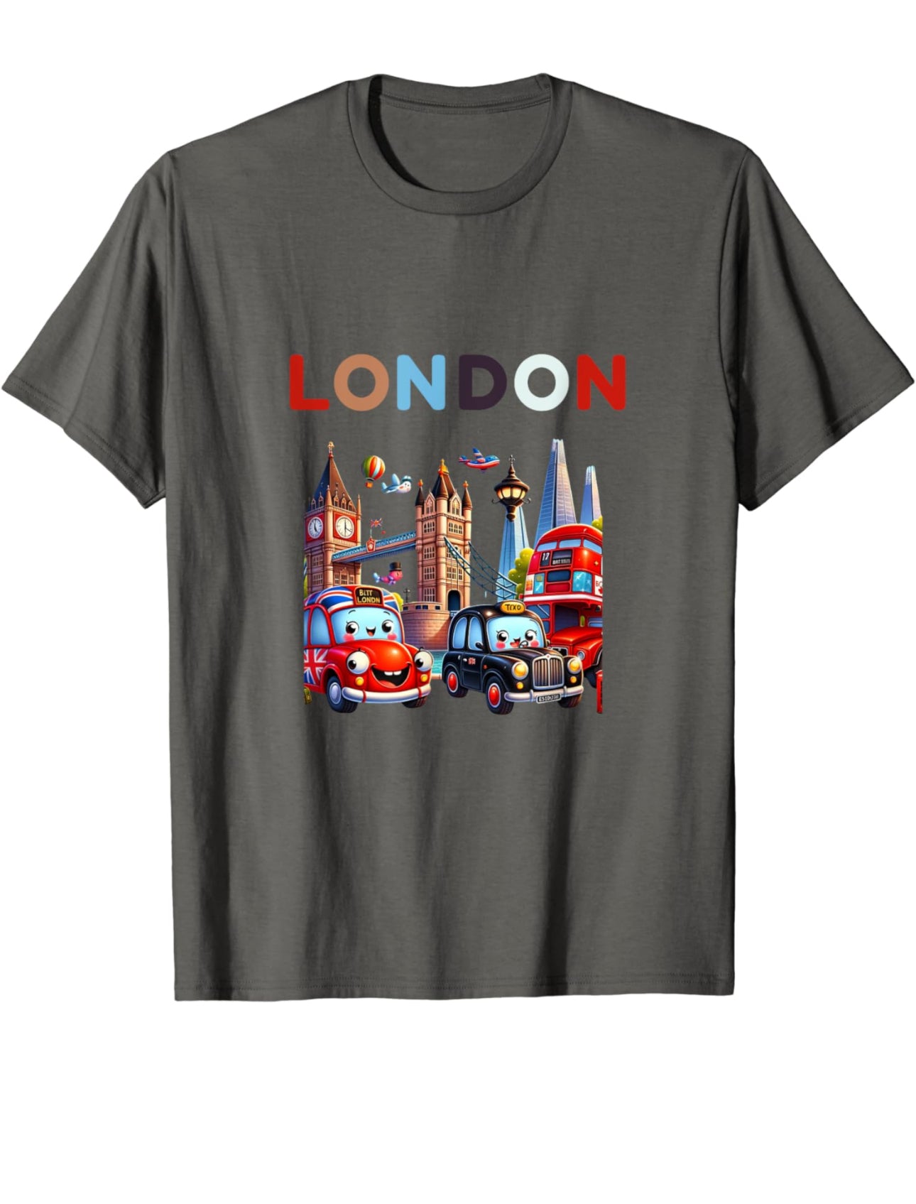 Cartoon-style t-shirt design featuring iconic London landmarks including Tower Bridge, the Shard Hotel, and a classic black taxi, capturing the whimsical charm of the city.