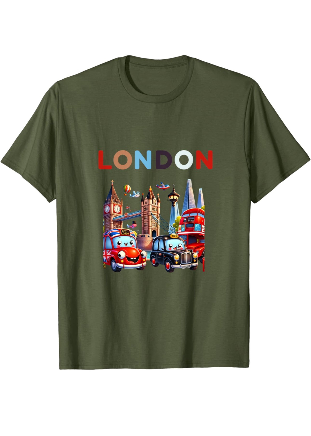 Cartoon-style t-shirt design featuring iconic London landmarks including Tower Bridge, the Shard Hotel, and a classic black taxi, capturing the whimsical charm of the city.