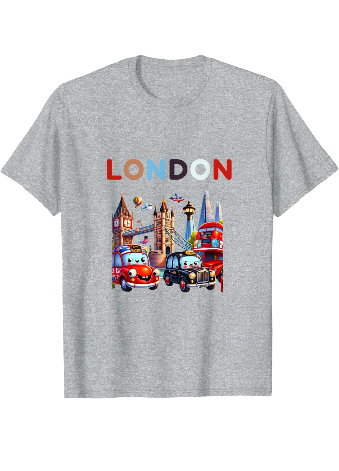 Cartoon-style t-shirt design featuring iconic London landmarks including Tower Bridge, the Shard Hotel, and a classic black taxi, capturing the whimsical charm of the city.