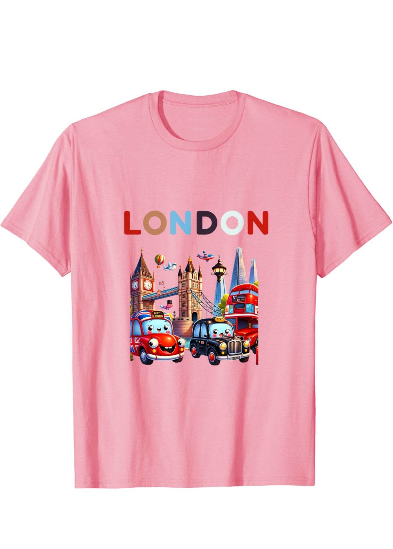 Cartoon-style t-shirt design featuring iconic London landmarks including Tower Bridge, the Shard Hotel, and a classic black taxi, capturing the whimsical charm of the city.