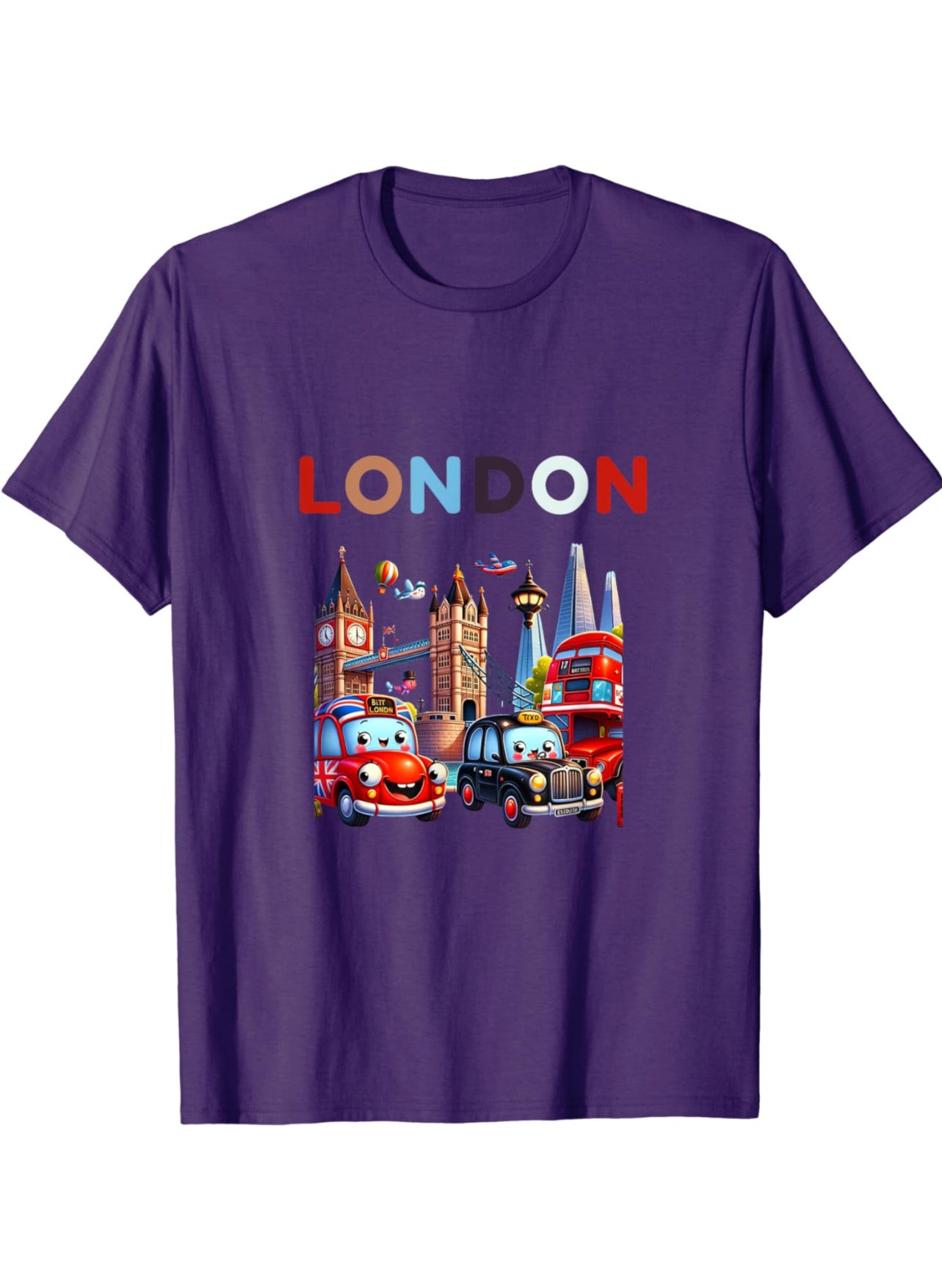 Cartoon-style t-shirt design featuring iconic London landmarks including Tower Bridge, the Shard Hotel, and a classic black taxi, capturing the whimsical charm of the city.