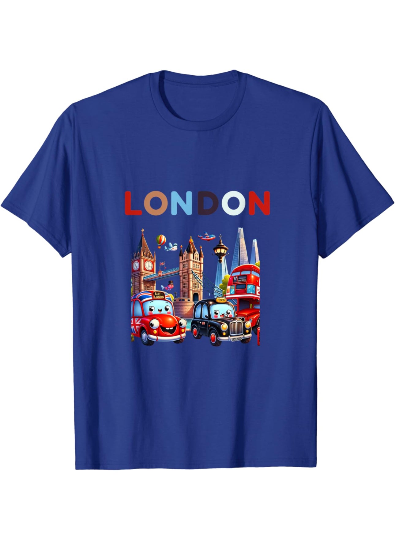 Cartoon-style t-shirt design featuring iconic London landmarks including Tower Bridge, the Shard Hotel, and a classic black taxi, capturing the whimsical charm of the city.