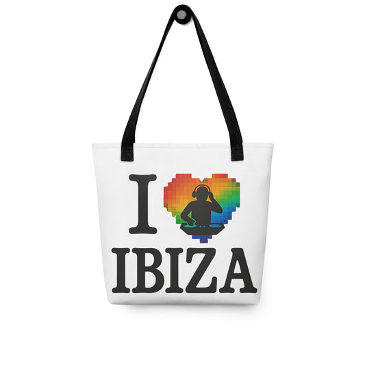 White unisex tote bag with “I ❤️ Ibiza” text featuring a rainbow-colored heart and DJ graphics – perfect for Ibiza nightlife fans and party lovers