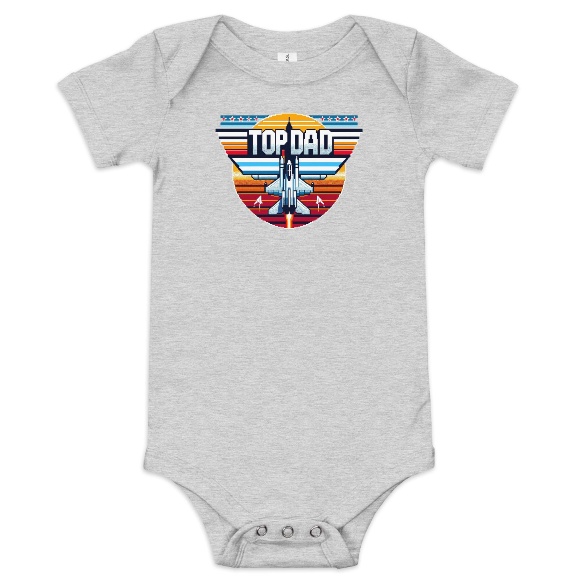 Aviation-themed baby bodysuit with ‘Top Dad’ and fighter aircraft graphic