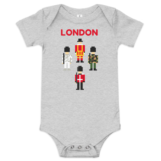 Cute Babygrow with the word London above a pixelated Royal Guard, Camouflage Soldiers and British Beefeater who protects the Kings Jewels