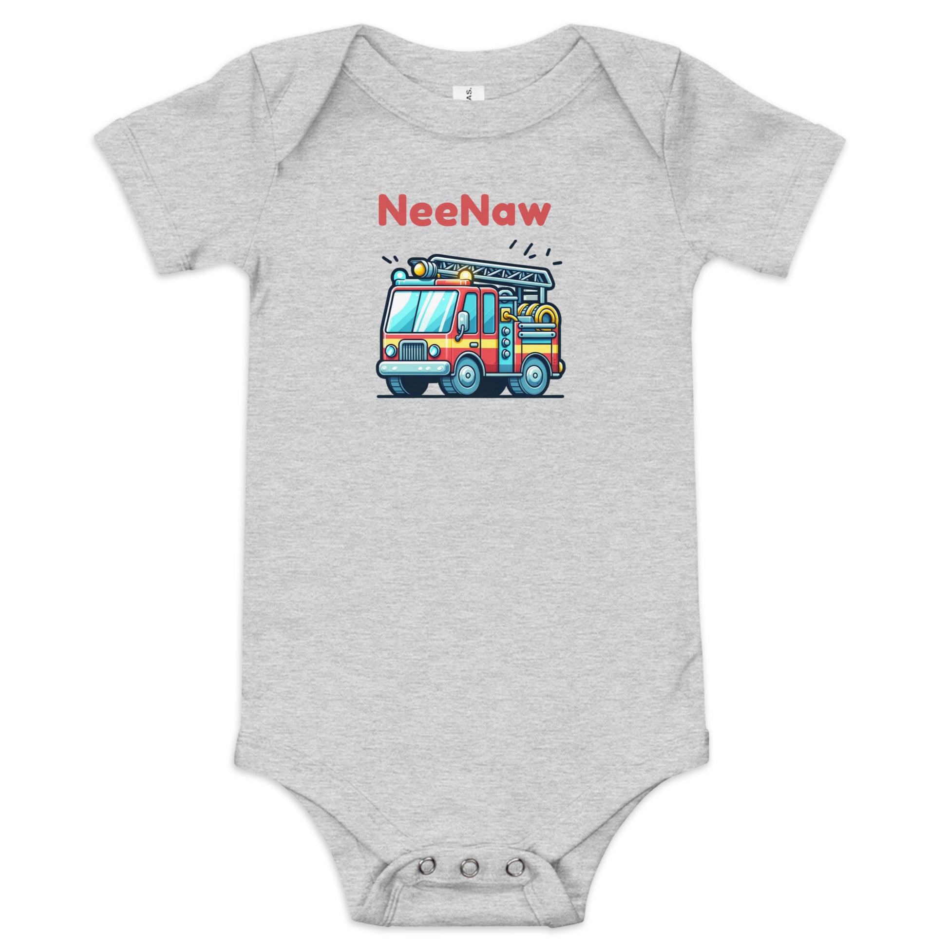 Cute Babygrow with a cartoon fire truck and ‘Nee Naw’ text above the truck