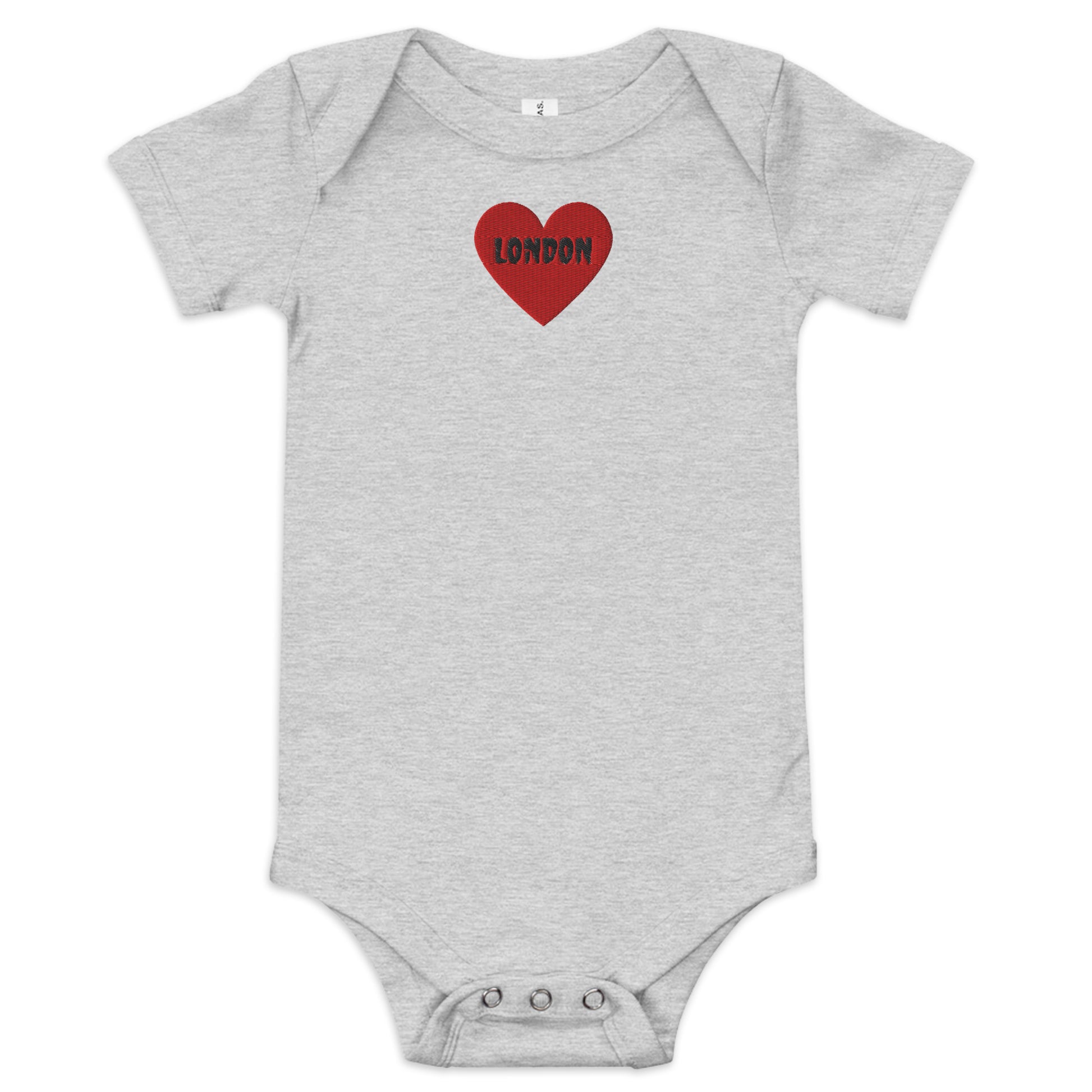 Embroidered I Heart London baby onesie, soft cotton souvenir bodysuit.
