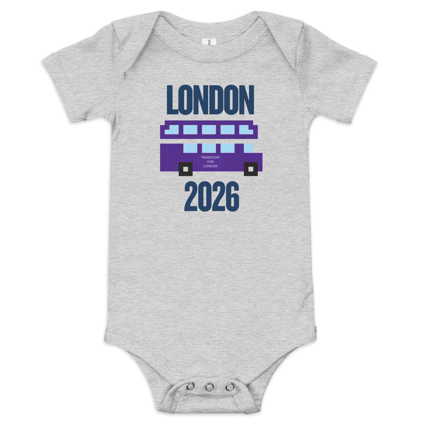 Gray baby onesie featuring pixelated purple London double-decker bus with 'London 2026' text in retro 8-bit style.