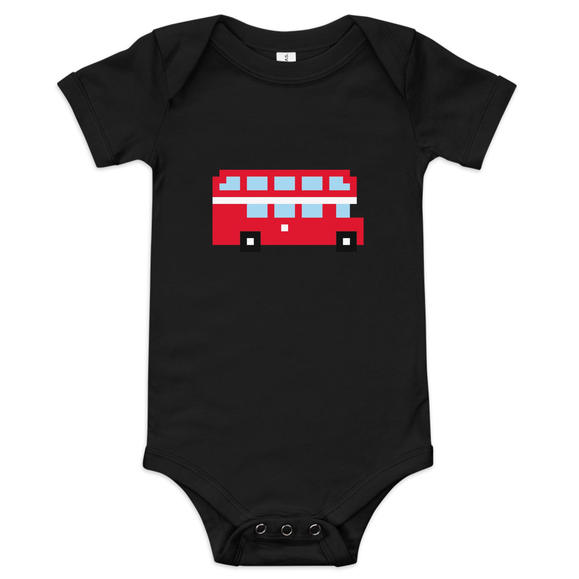 Black Babygrow with London Red Double Decker bus on the front 