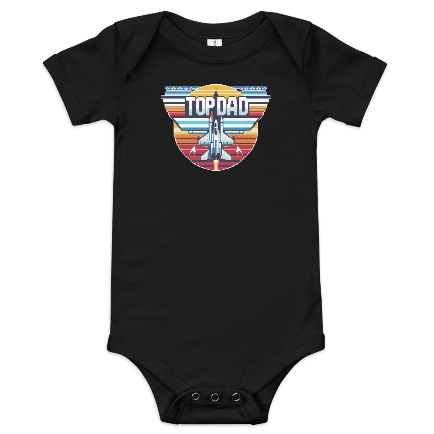 Aviation-themed baby bodysuit with ‘Top Dad’ and fighter aircraft graphic